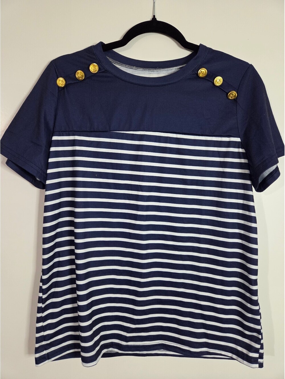 Navy Blue and White Striped Short Sleeve Shirt with Gold Buttons, L